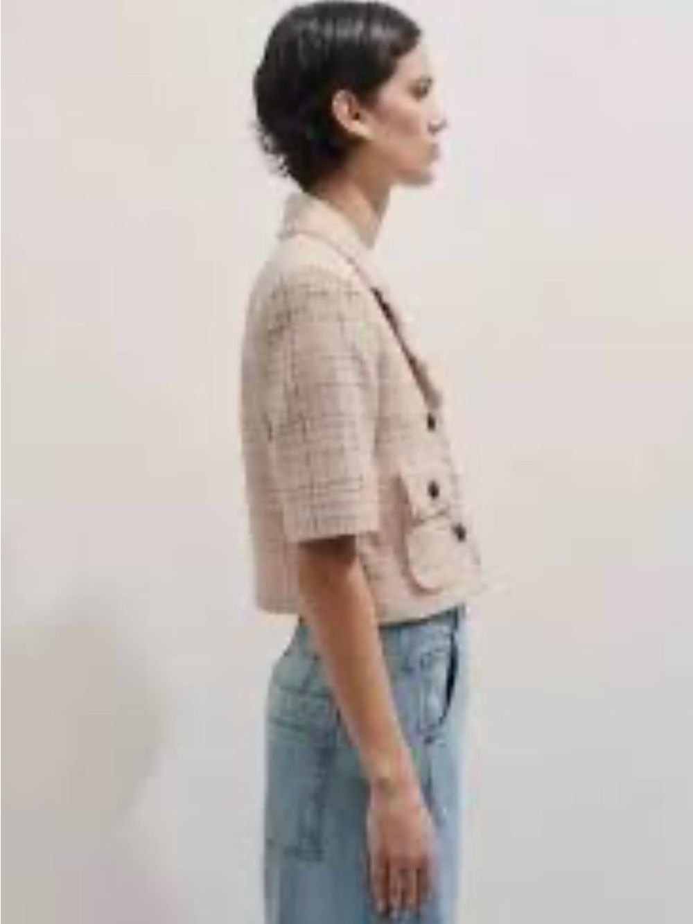 ME+EM Cropped Pale peach Tweed Blazer with Frayed Trim - Picture 3 of 8